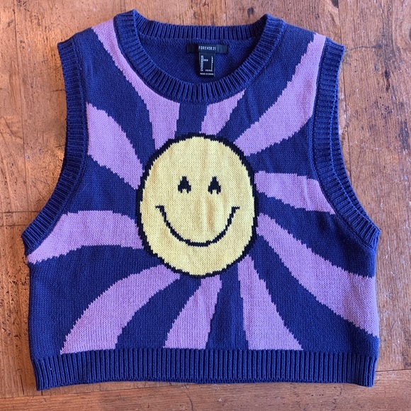 Forever 21 Sweaters - Forever 21 Smiley Face Knit Vest - Yellow and Purple